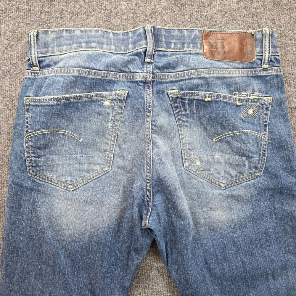 G-Star Raw Jeans Mens 33x33 Blue 3301 Slim Straight Distressed Button Fly Faded